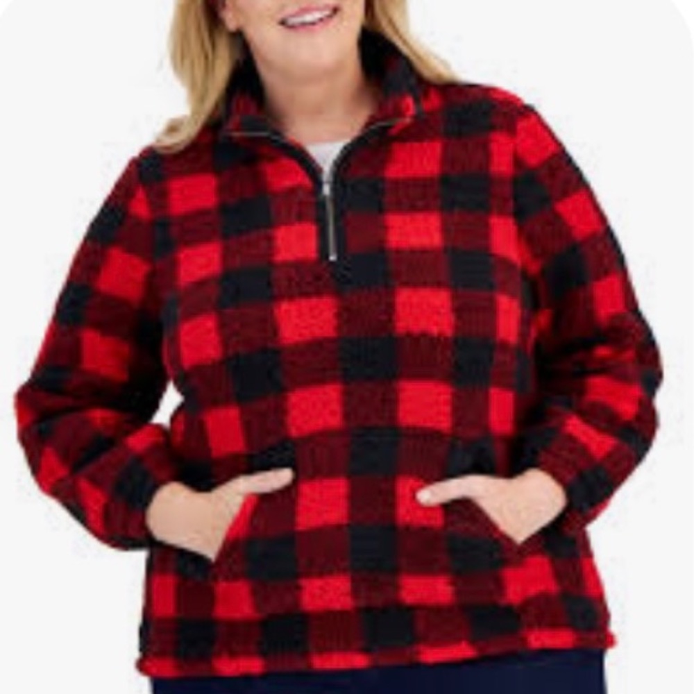Style & Co Plus Sherpa Plaid Red & Black Zipper Pullover Sweater